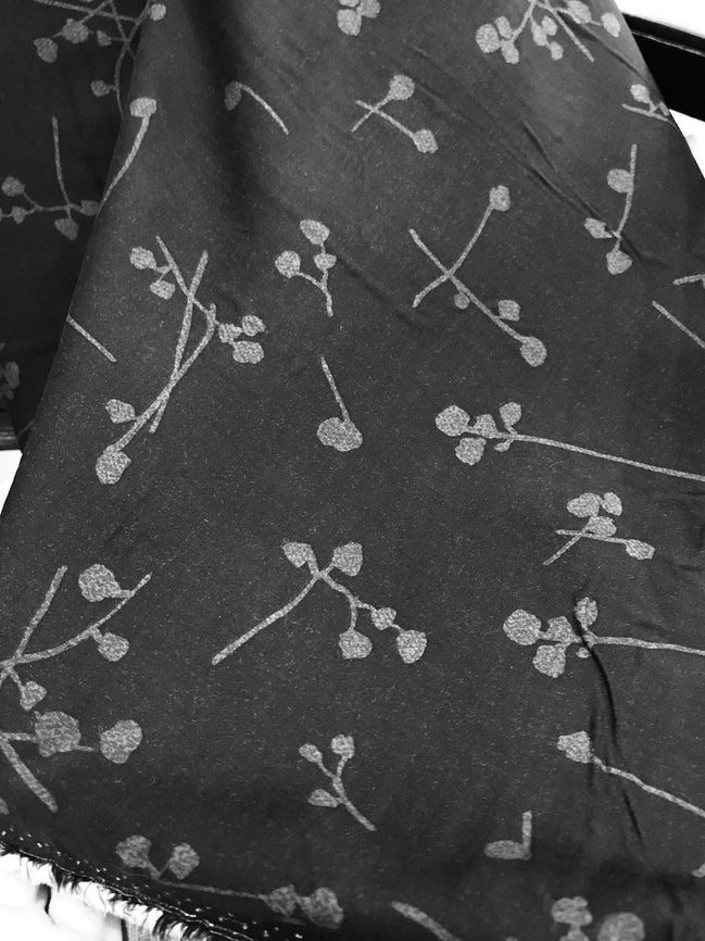 Gray Botanical on Black "Buttonballs Somber" Rayon Challis Fabric- 56"