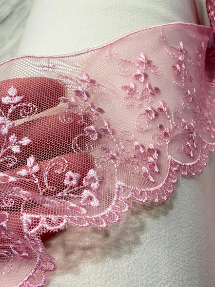 Pink Embroidered Tulle Trim- 3.25” Wide- Scalloped Edge (3801)
