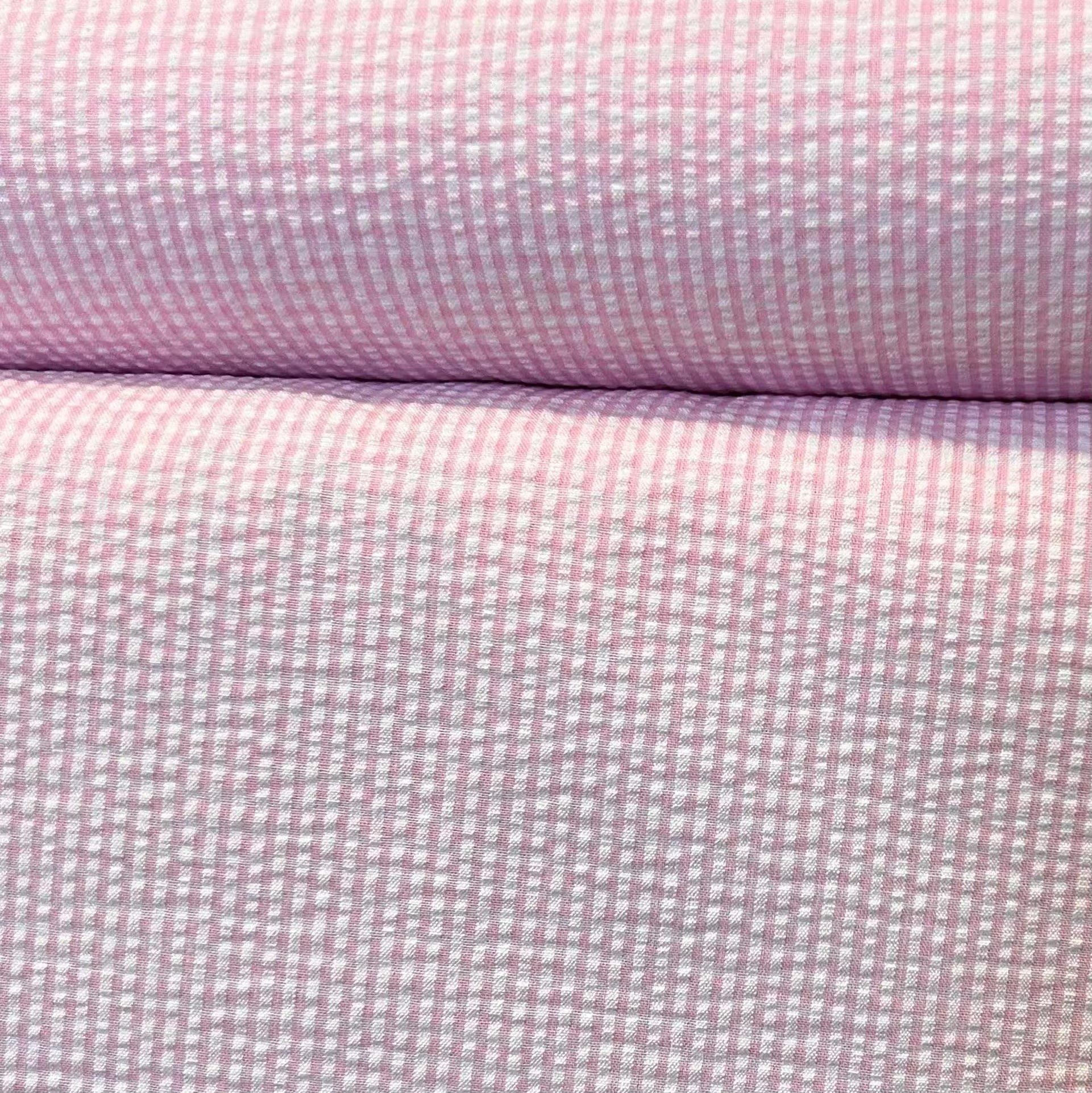 Pink and White Seersucker Check- 57” Wide- Cotton Poly Blend