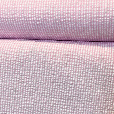 Pink and White Seersucker Check- 57” Wide- Cotton Poly Blend