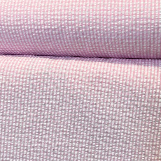 Pink and White Seersucker Check- 57” Wide- Cotton Poly Blend