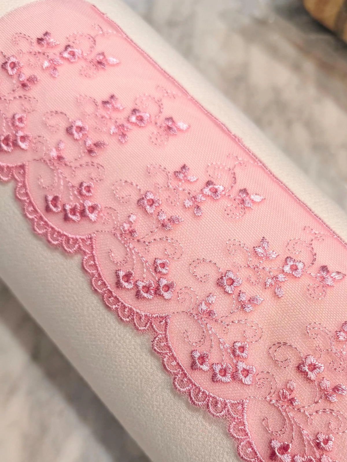 Pink Embroidered Tulle Trim- 3.25” Wide- Scalloped Edge (3801)