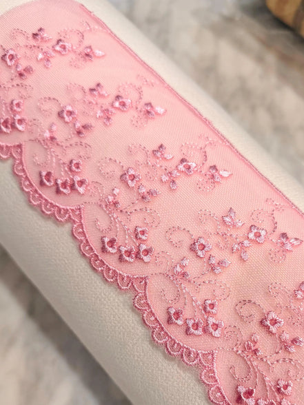Pink Embroidered Tulle Trim- 3.25” Wide- Scalloped Edge (3801)