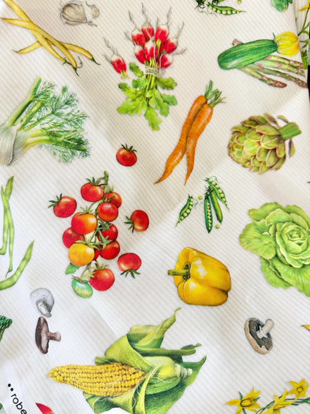 Garden Vegetables- White- “Down on the Farm- Veggie” Print Cotton Fabric- 44” Wide