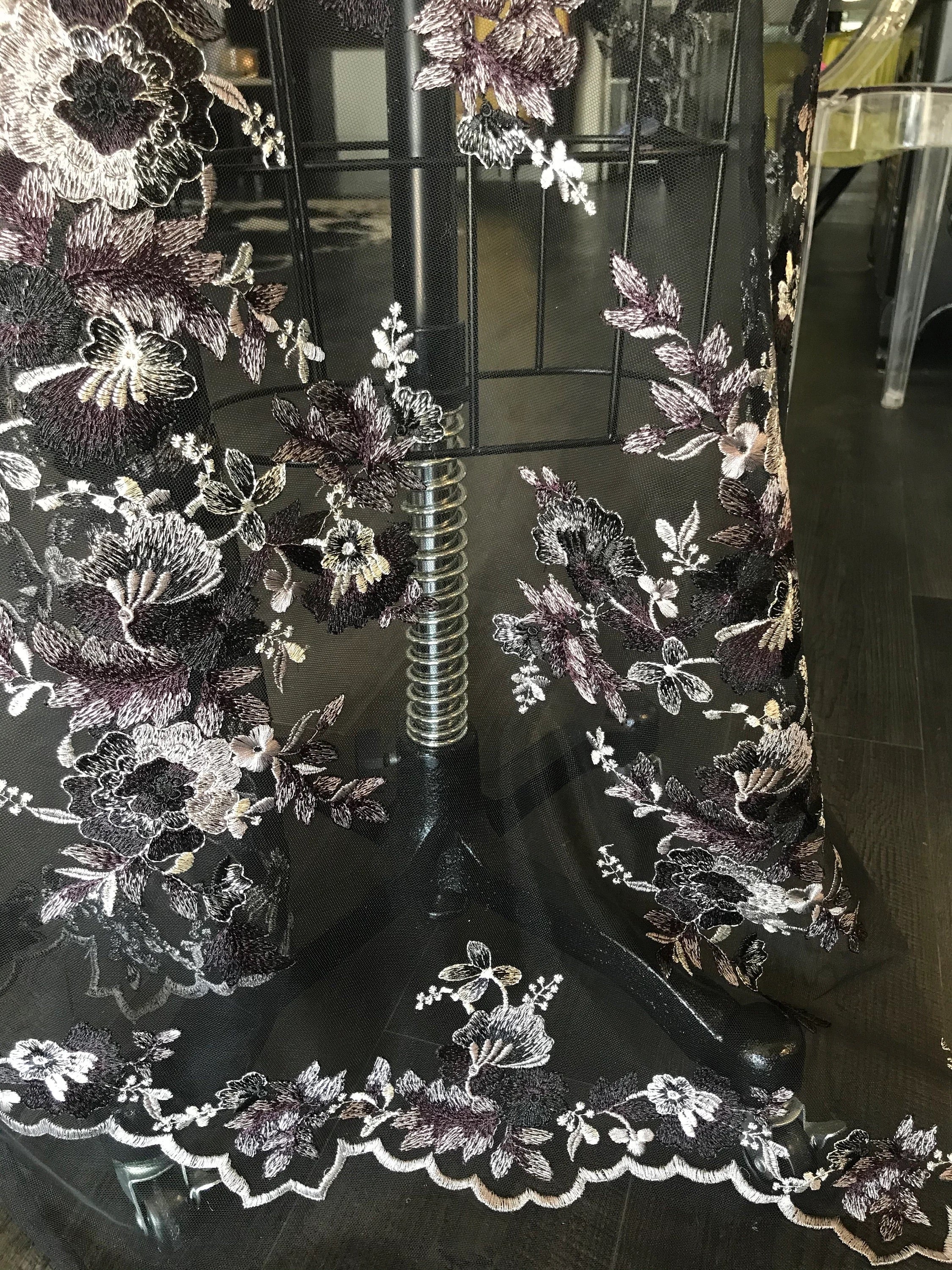 Black, Dark Eggplant, and Gray Embroidery on Tulle- 52” Wide (107)