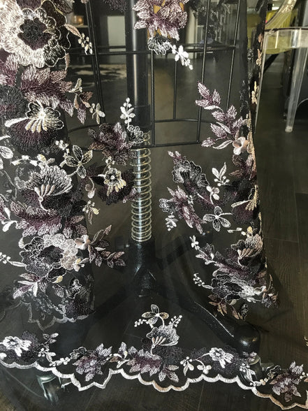 Black, Dark Eggplant, and Gray Embroidery on Tulle- 52” Wide (107)