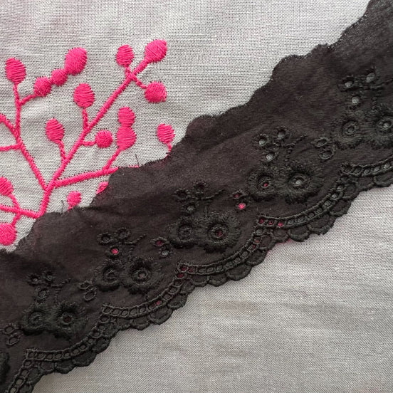 Paired Flowers- Black Broderie Anglaise- Lace Trim- 5303