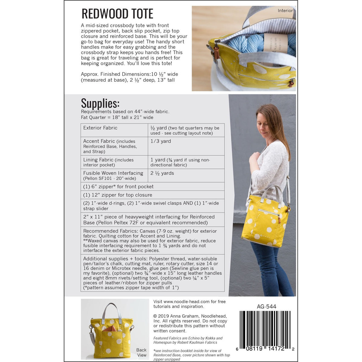Noodlehead- Redwood Tote- Paper Pattern- Crossbody Tote