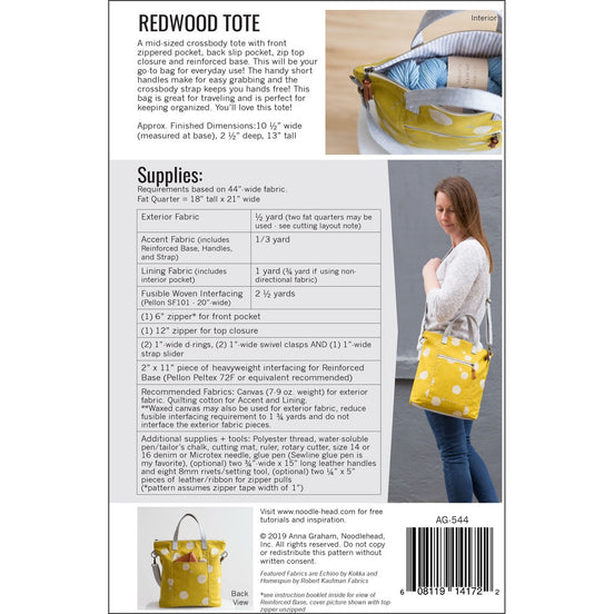 Noodlehead- Redwood Tote- Paper Pattern- Crossbody Tote