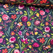 Fuchsia, Green, Pink, Yellow on Black- Floral Print Cotton Fabric- “Graceful Blooms”- Art Gallery Fabrics
