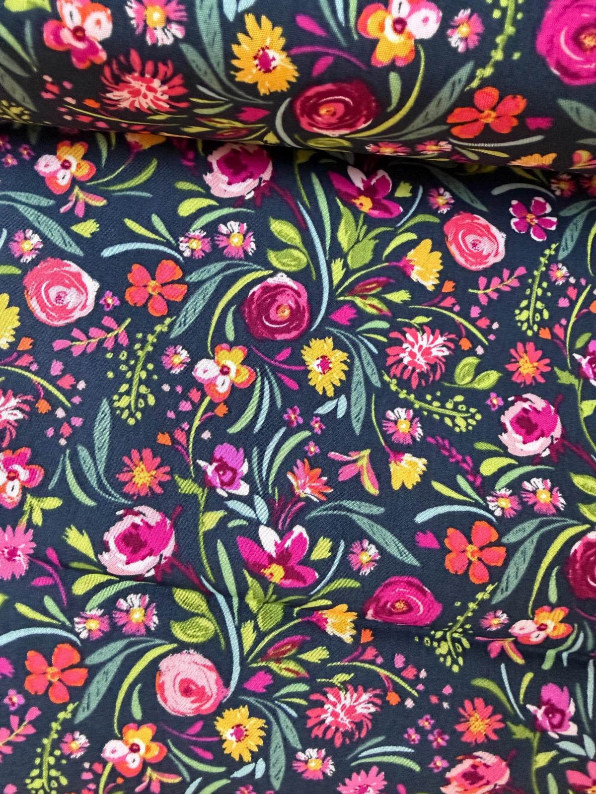 Fuchsia, Green, Pink, Yellow on Black- Floral Print Cotton Fabric- “Graceful Blooms”- Art Gallery Fabrics