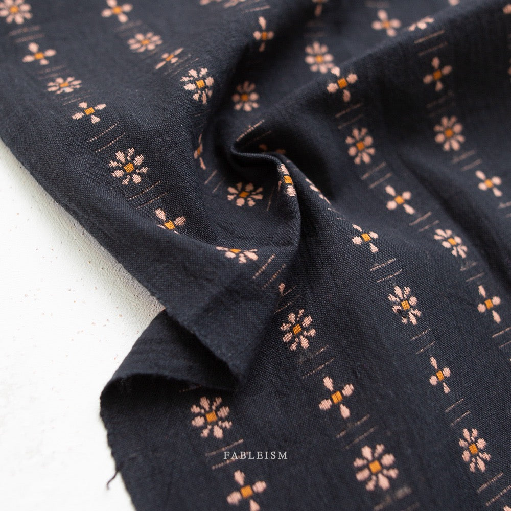 Beautiful Yarn Dyed Woven Cotton Fabric- “Forest Forage Daisies in Black