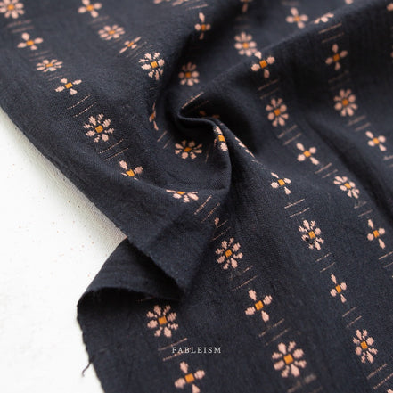 Beautiful Yarn Dyed Woven Cotton Fabric- “Forest Forage Daisies in Black"- Fableism- 44” Wide
