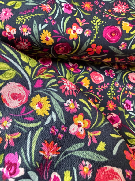 Fuchsia, Green, Pink, Yellow on Black- Floral Print Cotton Fabric- “Graceful Blooms”- Art Gallery Fabrics