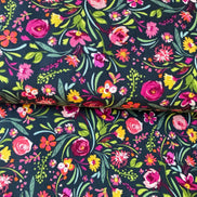 Fuchsia, Green, Pink, Yellow on Black- Floral Print Cotton Fabric- “Graceful Blooms”- Art Gallery Fabrics