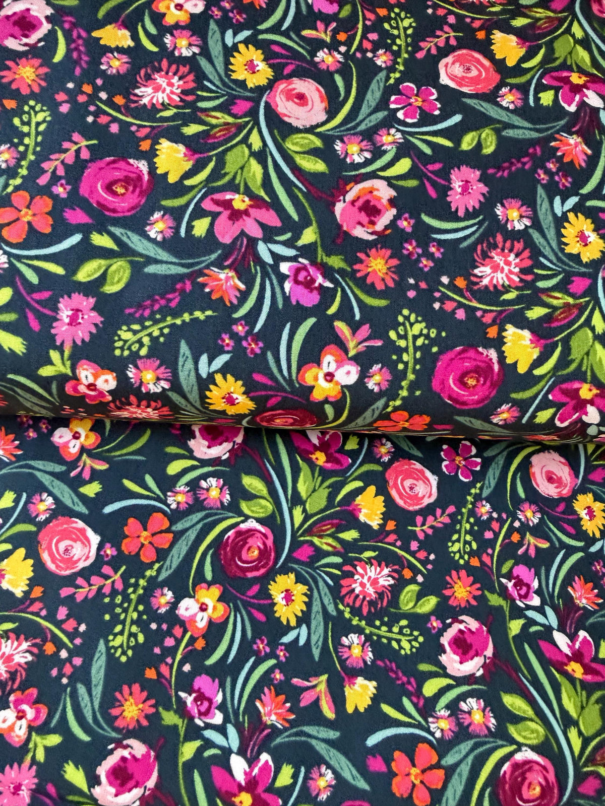 Fuchsia, Green, Pink, Yellow on Black- Floral Print Cotton Fabric- “Graceful Blooms”- Art Gallery Fabrics