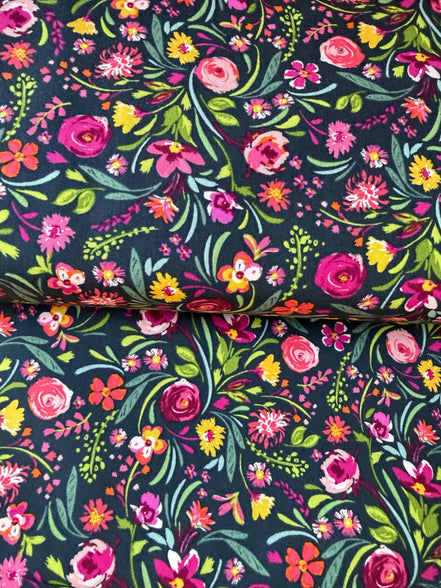 Fuchsia, Green, Pink, Yellow on Black- Floral Print Cotton Fabric- “Graceful Blooms”- Art Gallery Fabrics