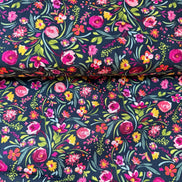 Fuchsia, Green, Pink, Yellow on Black- Floral Print Cotton Fabric- “Graceful Blooms”- Art Gallery Fabrics
