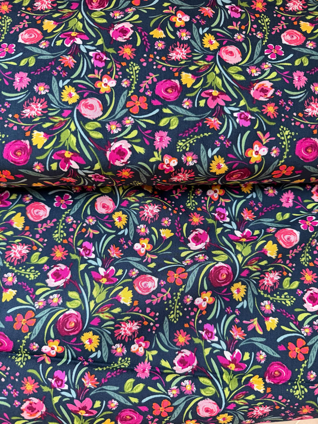 Fuchsia, Green, Pink, Yellow on Black- Floral Print Cotton Fabric- “Graceful Blooms”- Art Gallery Fabrics