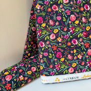 Fuchsia, Green, Pink, Yellow on Black- Floral Print Cotton Fabric- “Graceful Blooms”- Art Gallery Fabrics