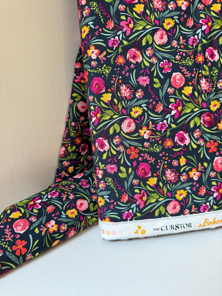 Fuchsia, Green, Pink, Yellow on Black- Floral Print Cotton Fabric- “Graceful Blooms”- Art Gallery Fabrics