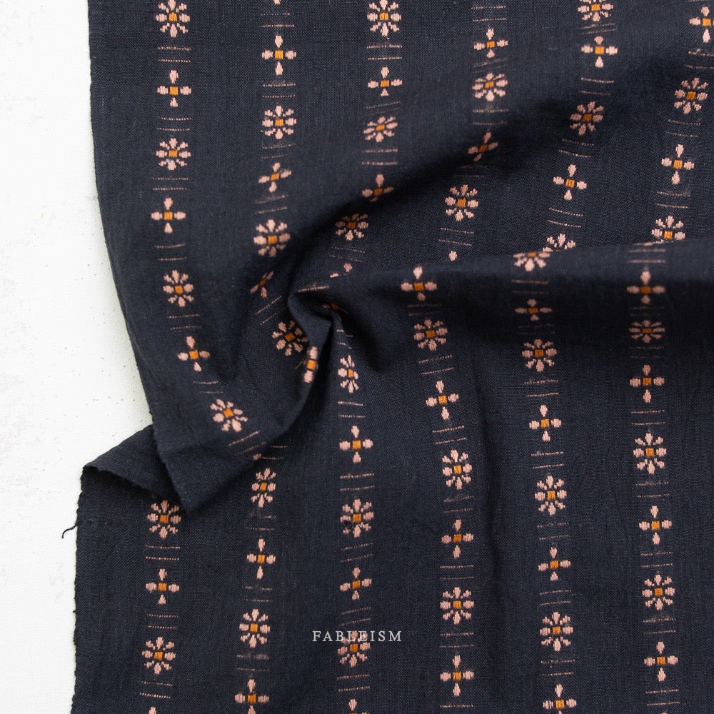 Beautiful Yarn Dyed Woven Cotton Fabric- “Forest Forage Daisies in Black