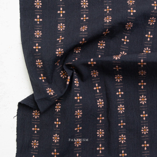 Beautiful Yarn Dyed Woven Cotton Fabric- “Forest Forage Daisies in Black"- Fableism- 44” Wide