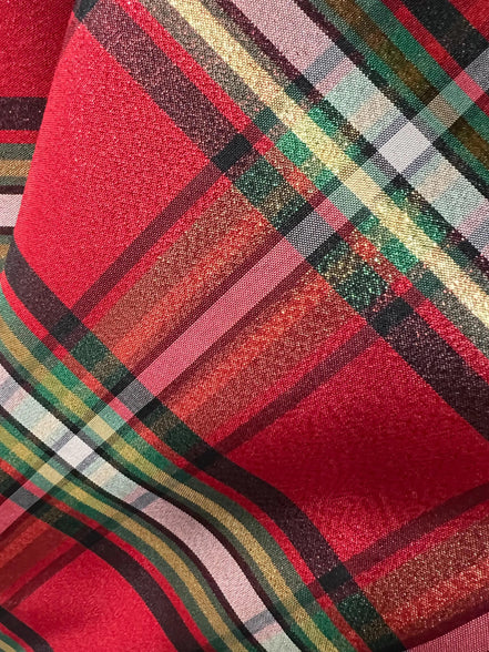 Red, Green, Black, White, Gold- Christmas Plaid Taffeta- 57” Wide- "Clara"