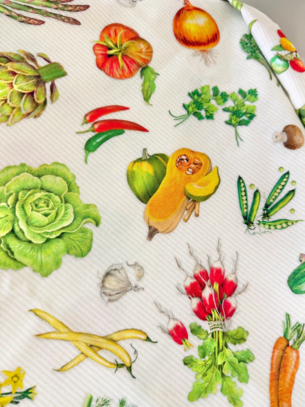 Garden Vegetables- White- “Down on the Farm- Veggie” Print Cotton Fabric- 44” Wide