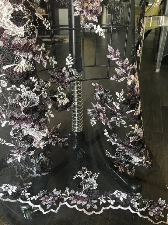 Black, Dark Eggplant, and Gray Embroidery on Tulle- 52” Wide (107)