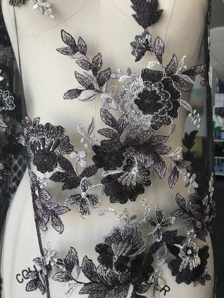 Black, Dark Eggplant, and Gray Embroidery on Tulle- 52” Wide (107)