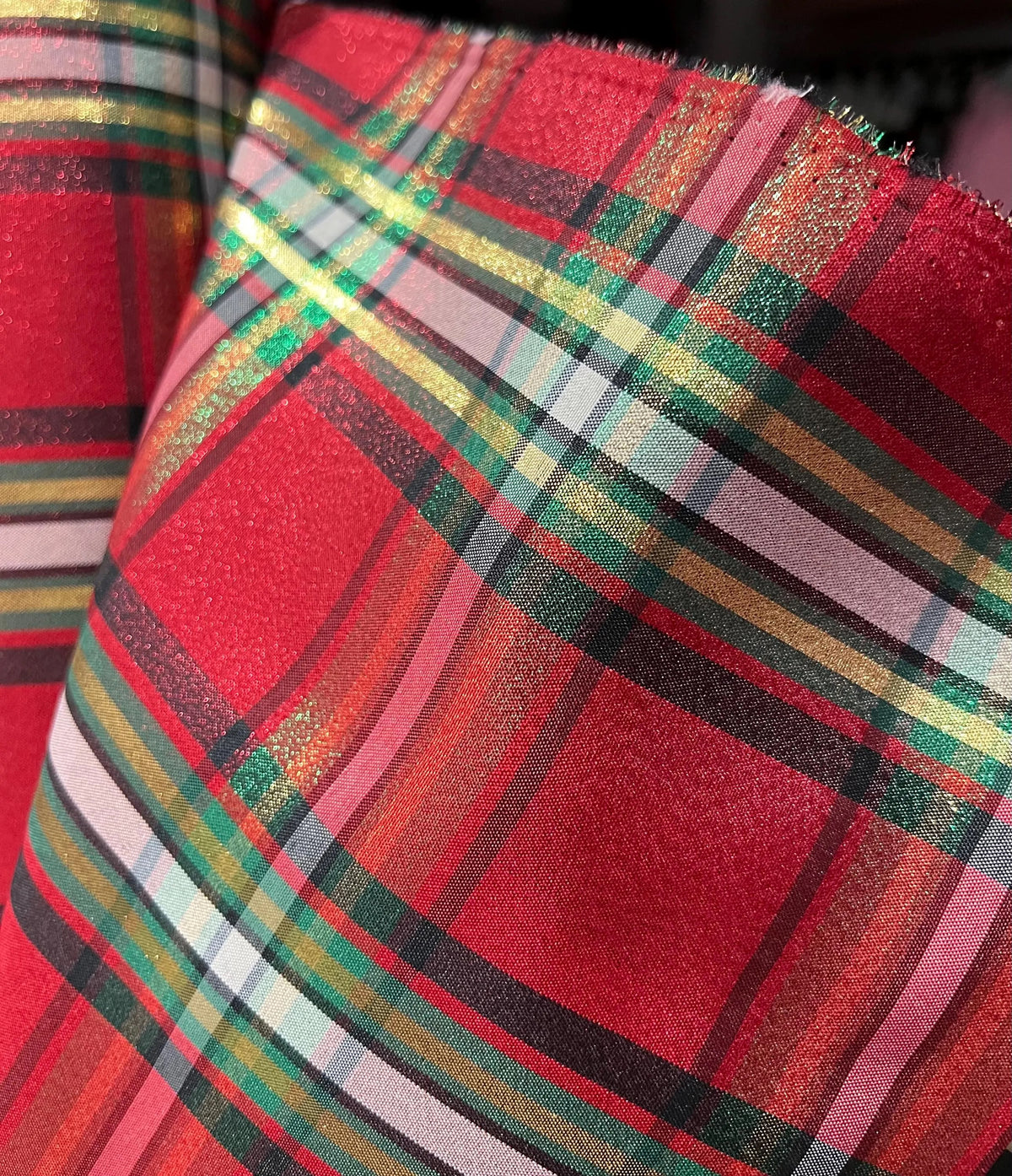Red, Green, Black, White, Gold- Christmas Plaid Taffeta- 57” Wide- 