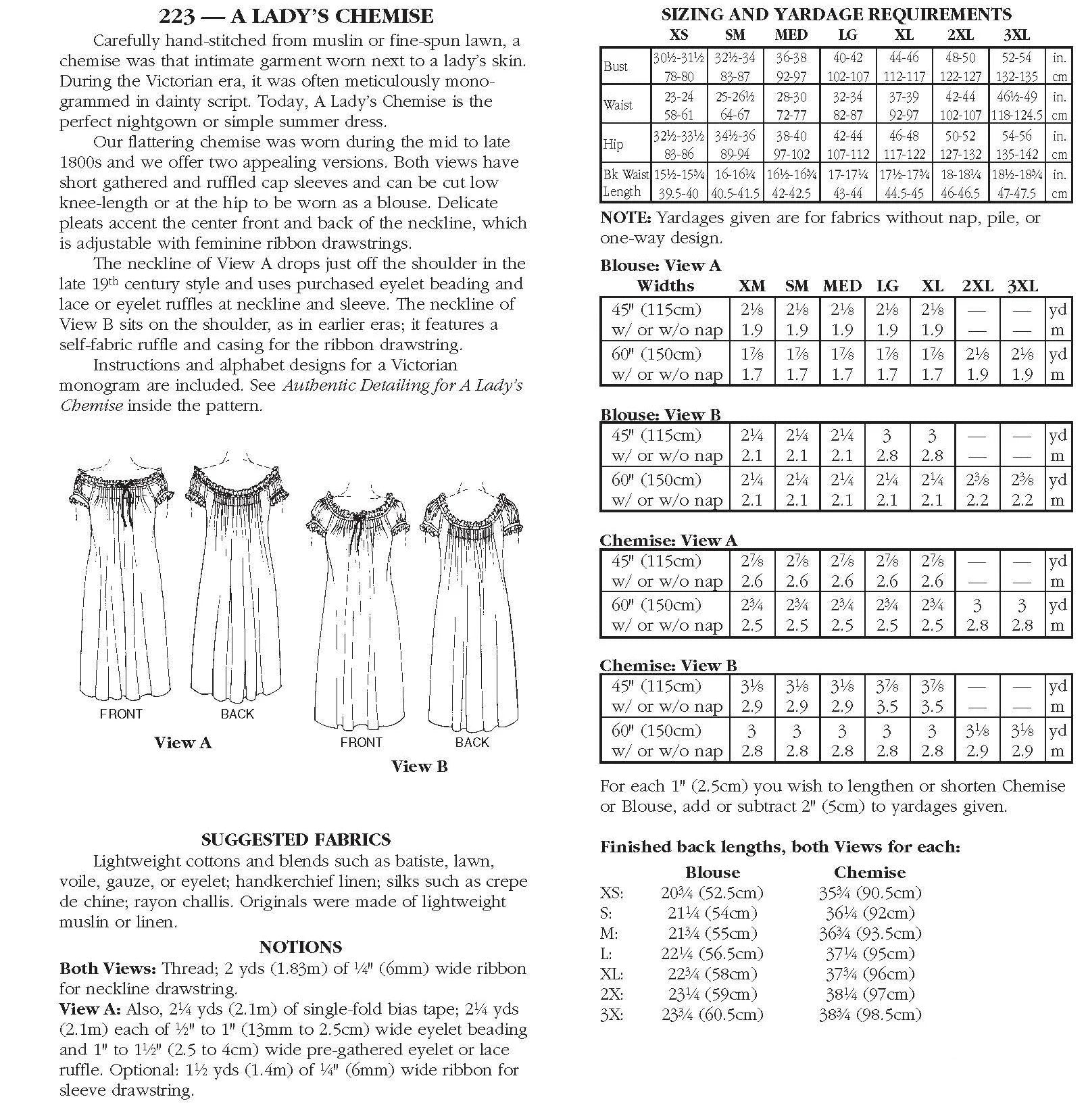 A Lady's Chemise- Folkwear Patterns- 223- Printed Paper Pattern- Misses XS-3XL
