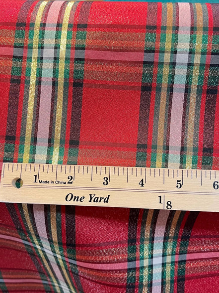 Red, Green, Black, White, Gold- Christmas Plaid Taffeta- 57” Wide- "Clara"