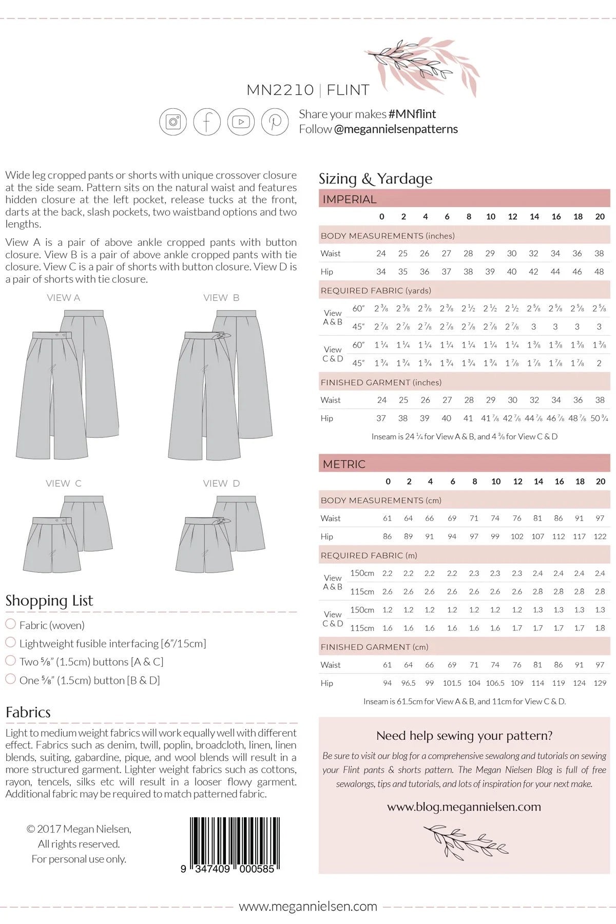 Flint Pants & Shorts Pattern- Megan Nielsen- Sizes 0-20