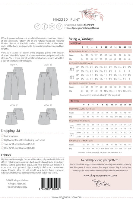 Flint Pants & Shorts Pattern- Megan Nielsen- Sizes 0-20