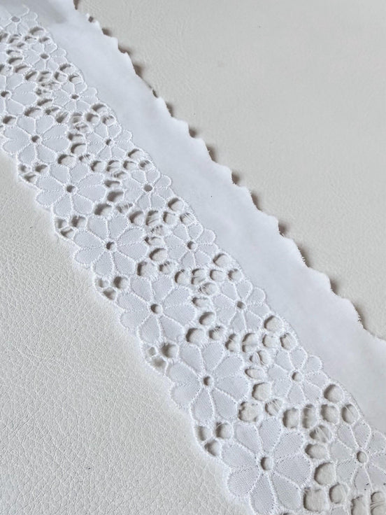 White, Floral, Flat Cotton Eyelet- 60MM or 2 1/3” Wide- White- 05835