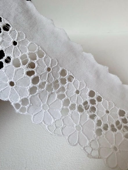 White, Floral, Flat Cotton Eyelet- 60MM or 2 1/3” Wide- White- 05835