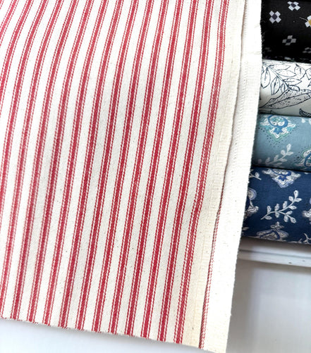 Woven Cotton Ticking Stripe- Red and Off White- 44” Wide