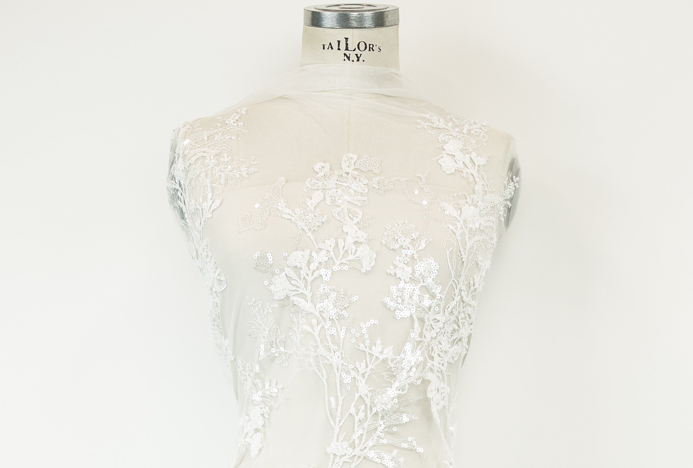 European White Beaded, Sequins Embroidered Tulle- 55