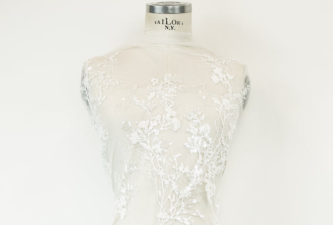 European White Beaded, Sequins Embroidered Tulle- 55" Wide (512)