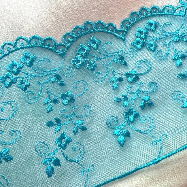 Turquoise Blue Embroidered Tulle Trim- 3801