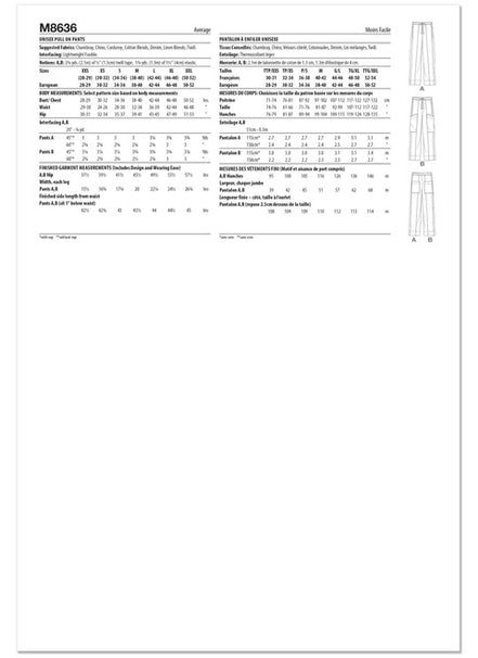 McCall's Sewing Pattern Unisex Pull On Pants- M8636- XXS-XS-S-M-L-XL-XXL