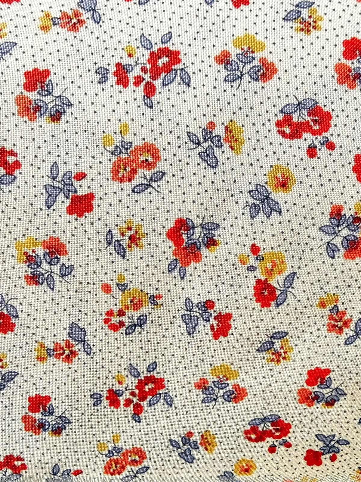 Red, Blue, Orange, Yellow Floral Print on Light Cream- Floral Nostalgia 