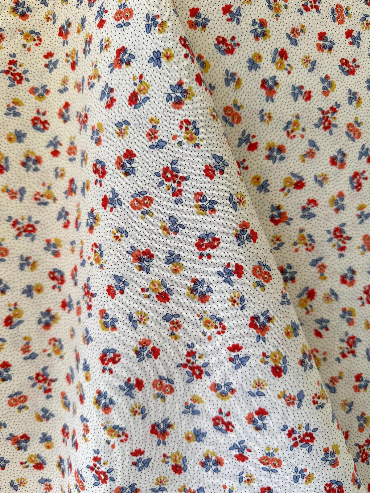 Red, Blue, Orange, Yellow Floral Print on Light Cream- Floral Nostalgia 