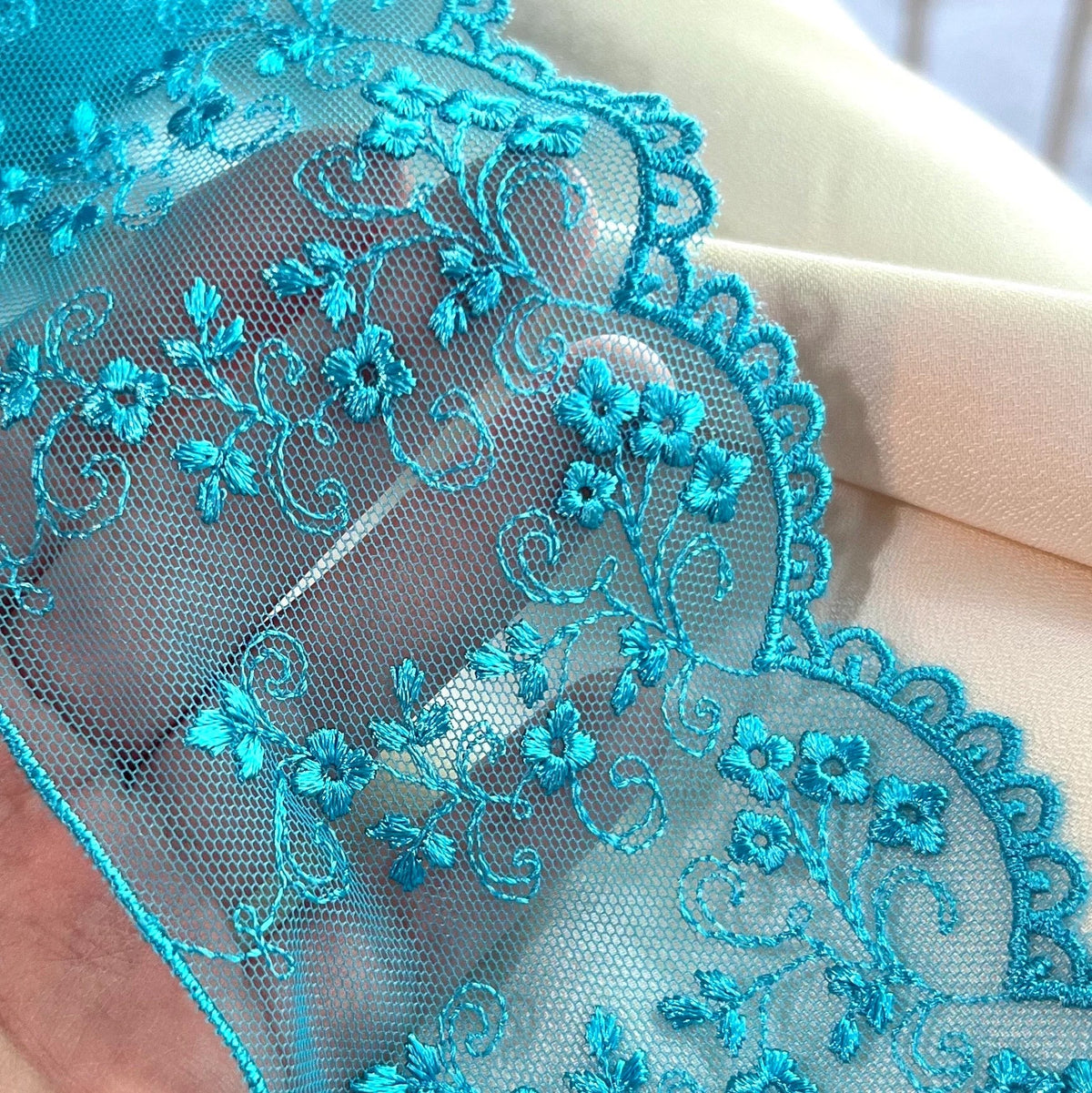 Turquoise Blue Embroidered Tulle Trim- 3801