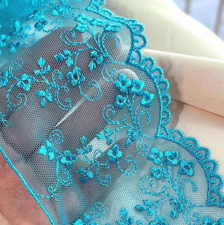Turquoise Blue Embroidered Tulle Trim- 3801