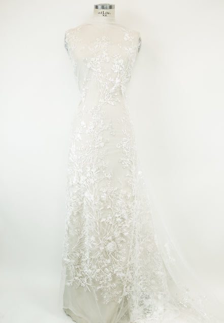 European White Beaded, Sequins Embroidered Tulle- 55" Wide (512)