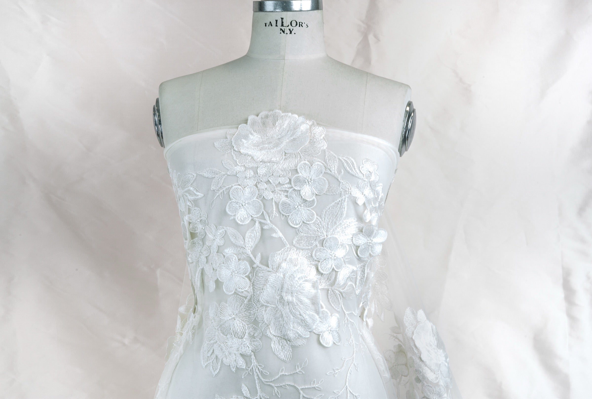 White 3D Floral- European Embroidered Tulle- 52