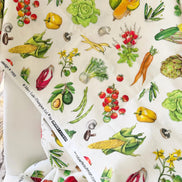 Garden Vegetables- White- “Down on the Farm- Veggie” Print Cotton Fabric- 44” Wide